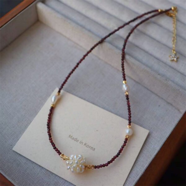 Natural Garnet Pearl Woven Ball Pendant Necklace