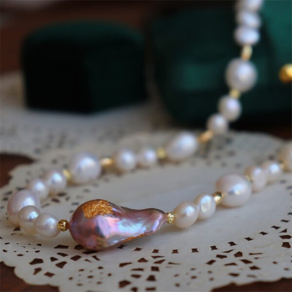 Handmade Gold Leaf Inlaid Baroque Freshwater Pearl Necklace