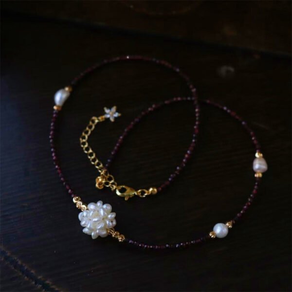 Natural Garnet Pearl Woven Ball Pendant Necklace