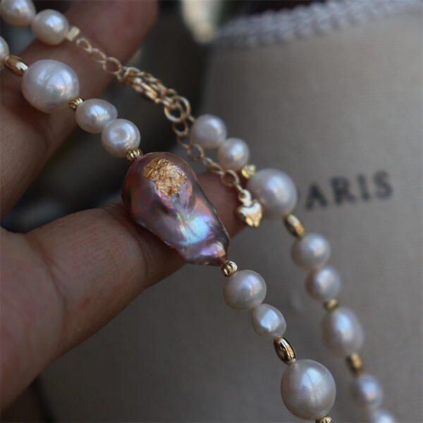 Handmade Gold Leaf Inlaid Baroque Freshwater Pearl Necklace