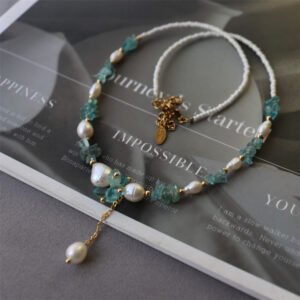 Fluorite Crystal Baroque Pearl Pendant Necklace