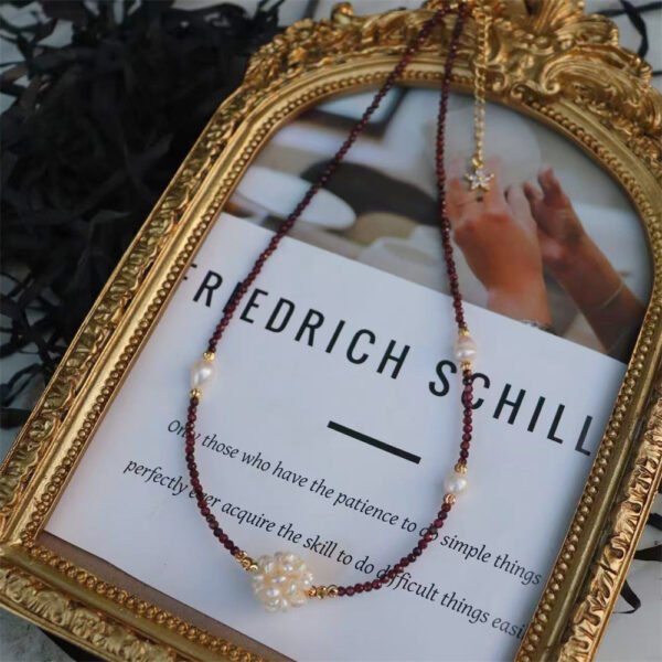 Natural Garnet Pearl Woven Ball Pendant Necklace