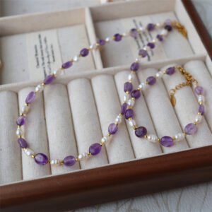 Natural Amethyst Freshwater Pearl Necklace Bracelet Jewelry Set