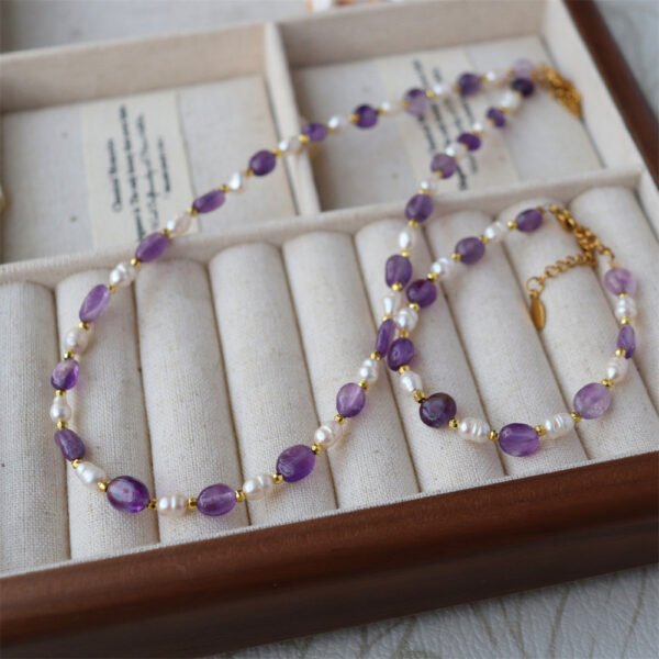 Natural Amethyst Freshwater Pearl Necklace Bracelet Jewelry Set