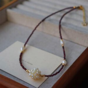 Natural Garnet Pearl Woven Ball Pendant Necklace