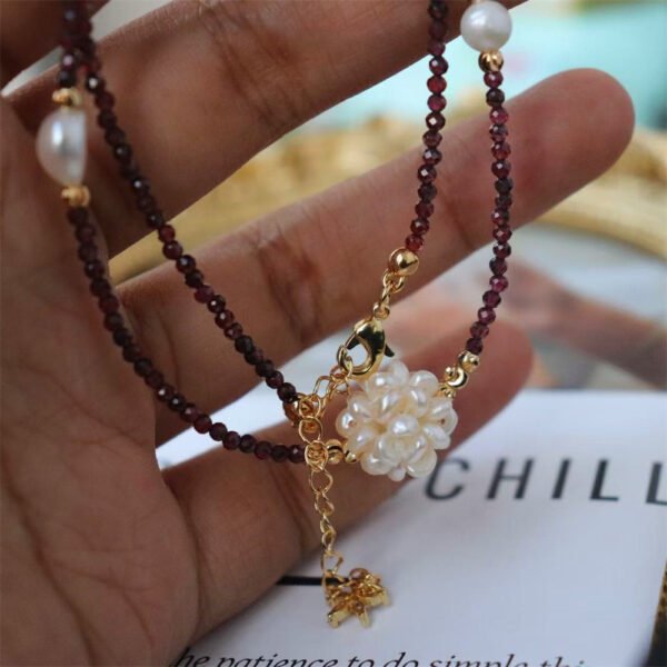 Natural Garnet Pearl Woven Ball Pendant Necklace
