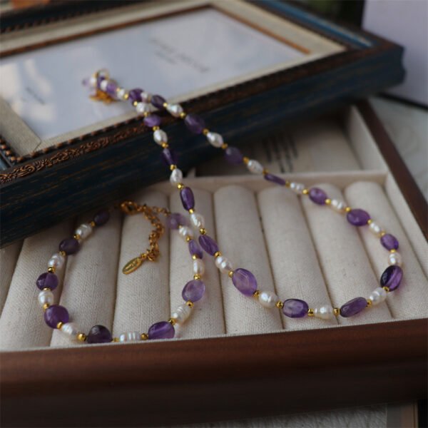 Natural Amethyst Freshwater Pearl Necklace Bracelet Jewelry Set