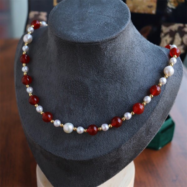 Natural Red Agate Freshwater Pearl Necklace Bracelet Set