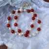 Natural Red Agate Freshwater Pearl Necklace Bracelet Set