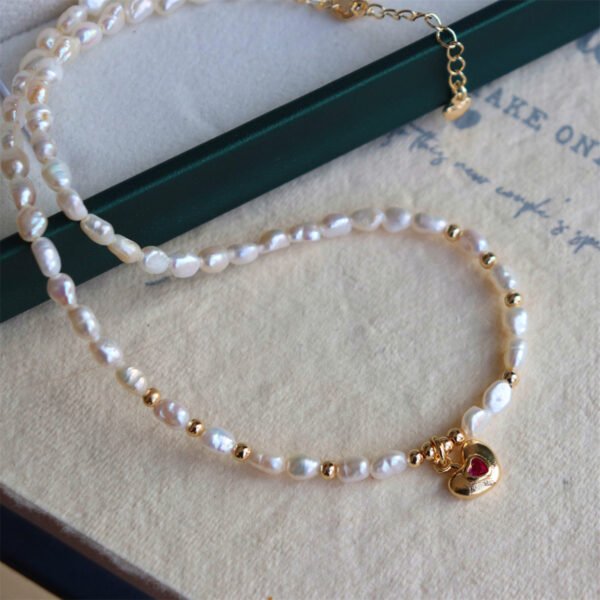 Ruby Heart Pendant Freshwater Pearl Necklace
