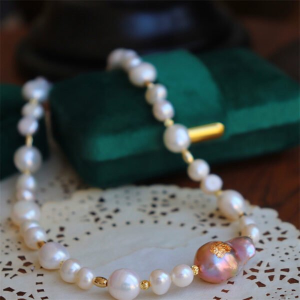 Handmade Gold Leaf Inlaid Baroque Freshwater Pearl Necklace